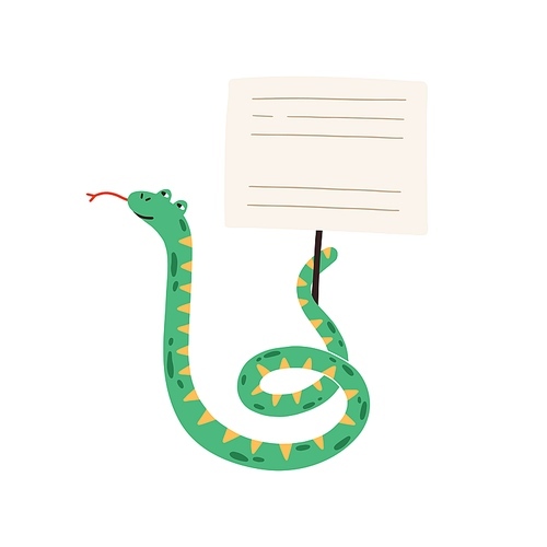 Funny childish snake holding empty sign with a place for text. Adorable wild animal demonstrating blank banner or card on stick. Vector illustration in flat cartoon style.