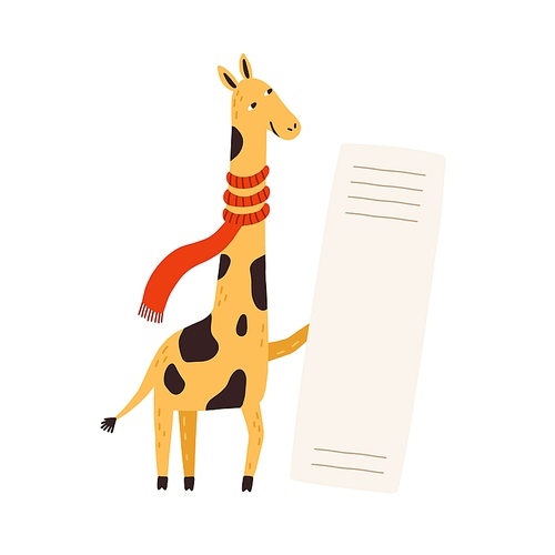 Funny giraffe in scarf holding empty banner. Cute wild animal demonstrating vertical sign or card with place for text. Flat vector cartoon illustration isolated on white .