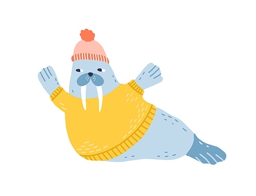 Childish funny walrus portrait in yellow knitted sweater and warm hat. Cute scandinavian marine animal cub wearing winter clothes. Flat vector cartoon illustration isolated on white .