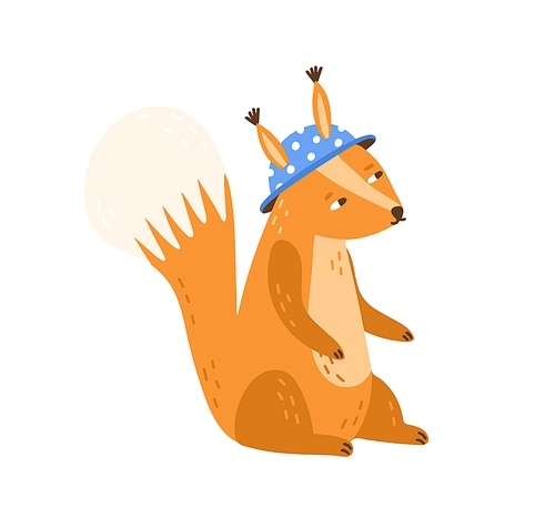 Childish character, funny squirrel in blue hat. Cute scandinavian forest animal cub wearing clothes. Flat vector cartoon illustration isolated on white .