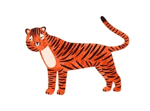 childish portrait of funny tiger in scandinavian simple style. cute hand drawn savannah animal. big wild . flat vector cartoon textured illustration isolated on white .