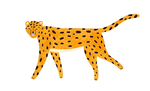 Childish textured portrait of walking leopard in scandinavian simple style. Cute jaguar or cheetah isolated on white . Flat vector cartoon illustration of funny wild animal.