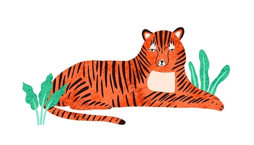Childish portrait of relaxed tiger in scandinavian simple style. Cute tigress lying in jungle nature.  wild animal resting outdoors. Flat vector cartoon illustration isolated on white .