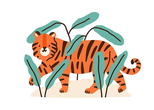 Cute childish tiger cub in jungle plants. Adorable funny exotic animal isolated on white . Amusing wild feline. Flat vector cartoon simple illustration for t shirt .