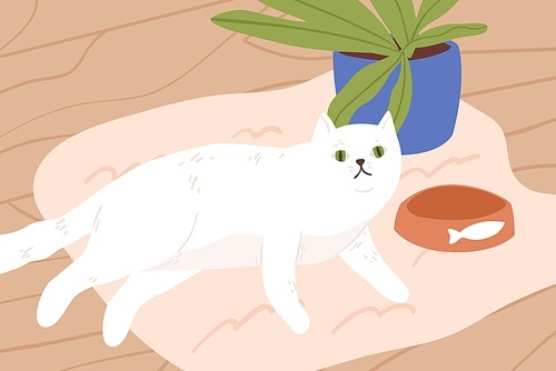 Cute white cat lying on carpet vector flat illustration. Adorable cartoon domestic animal relaxing near houseplant in pot and empty bowl. Lazy feline with green eyes resting on floor waiting food.