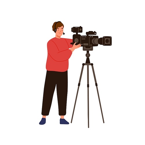 Professional cameraman or operator isolated on white . Man videographer character holding camera. Movie production worker with recording equipment. Vector illustration in flat cartoon style