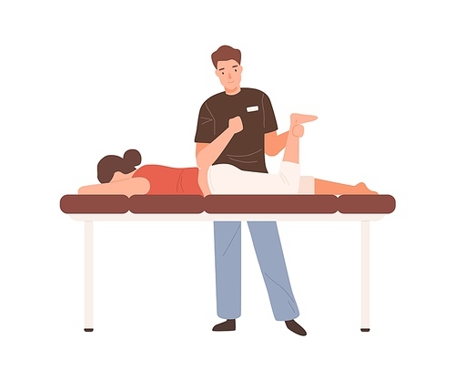 Young male massagist or osteopath doing manual massage. Professional physiotherapist or chiropractor working. Flat vector cartoon illustration isolated on white .