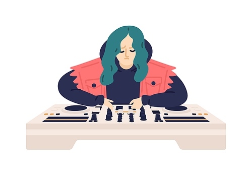 Hipster female DJ with green hair playing electronic music records vector flat illustration. Trendy woman use audio mixers or controller isolated. Disk jockey character at party.