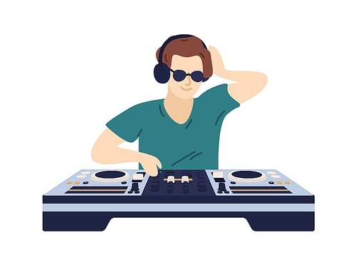 Stylish male DJ in headphones play electronic music on controller vector flat illustration. Fashionable musician in sunglasses enjoying sound at party isolated. Man disk jockey mixing musical records.