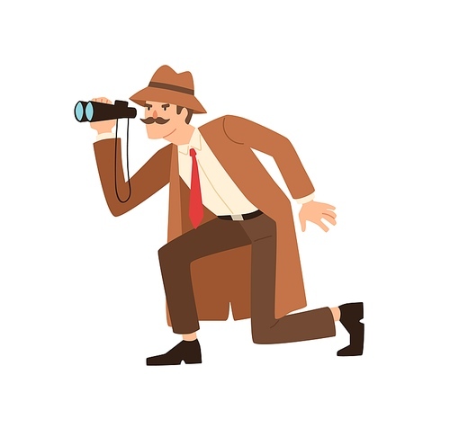 Male detective sneaking looking through binoculars during spy vector flat illustration. Private agent in coat and hat holding surveillance equipment isolated. Observation and investigation.