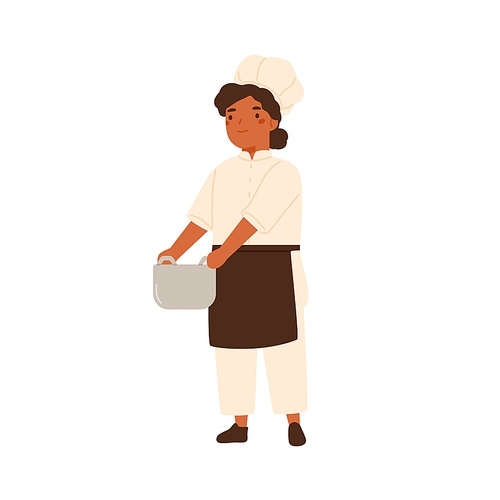 Adorable little chief cook portrait. Cute girl in professional uniform holding saucepan for soup. Child chef wearing apron and chefs hat. Flat vector cartoon illustration isolated on white .
