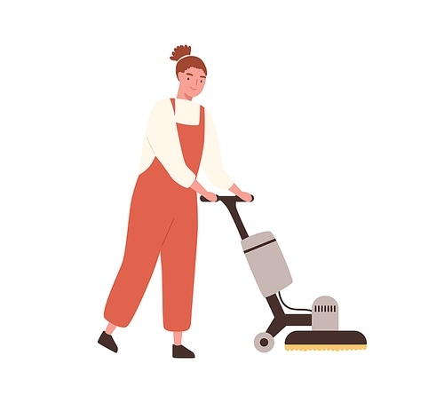 Young woman janitor in uniform holding sweeper machine. Cleaning service professional worker with floor washing equipment isolated on white . Vector illustration in flat cartoon style.