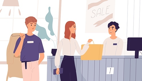 Young people in outlet shop purchasing clothes. Cashier at checkout counter and customers standing in queue. Man and woman shopping at fashion boutique, clothing store. Flat vector illustration