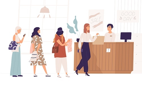 Women standing in queue at boutique. Female character shopping in clothing store. Cashier at checkout counter selling clothes. Sale and discount in fashion outlet. Vector illustration in flat style.