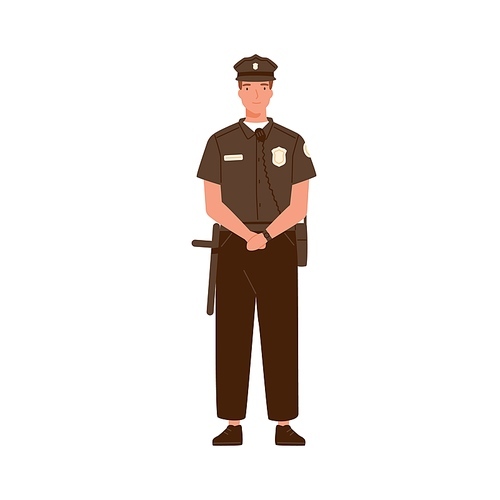 Young handsome police officer or cop isolated on white . Policeman in uniform equipped with walkie talkie and baton. Sheriff in professional outfit. Flat vector cartoon illustration.