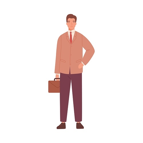 Modern stylish young man wearing formal suit, holding suitcase. Modern businessman with case. Portrait of smiling office worker. Flat vector cartoon illustration isolated on white .