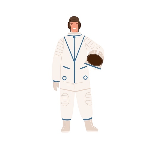 Professional cosmonaut in uniform. Young smiling astronaut in spacesuit holding helmet. Male spaceman character. Flat vector cartoon illustration isolated on white .