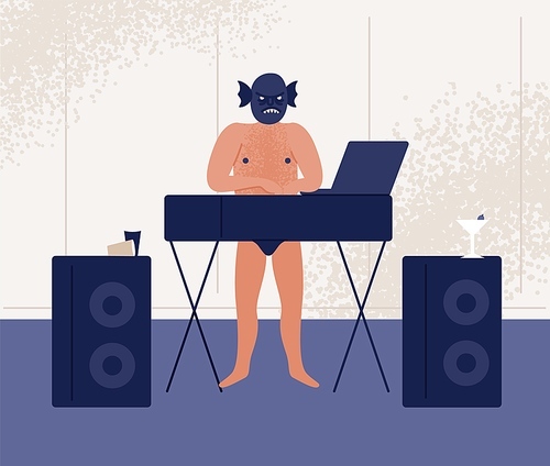 Male DJ in angry monster mask and naked torso playing electronic music records at pool party vector flat illustration. Man disk jockey with audio mixer or controller. Festive event at beach club.
