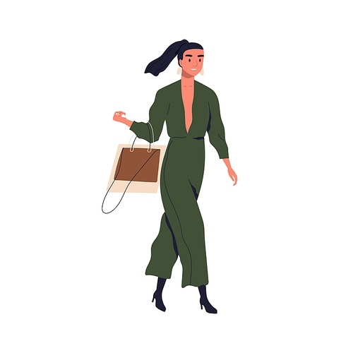 Young stylish woman wearing fashionable jumpsuit. Adorable female character walking in fashion clothes with trendy handbag. Flat vector cartoon illustration of modern person isolated on white.