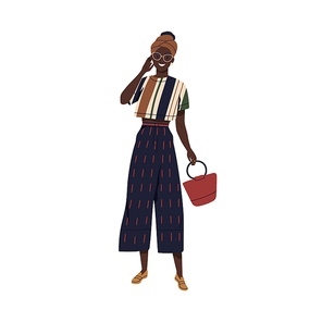 Young stylish african american woman in fashionable summer outfit. Female character demonstrating fashion clothes. Cheerful woman wearing turban. Flat vector cartoon illustration isolated on white.
