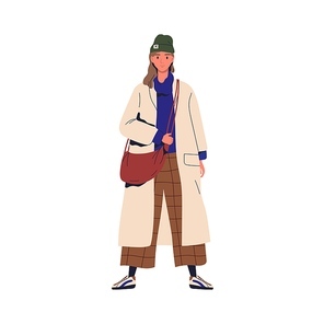 Young stylish woman demonstrating trendy outwear. Female character in fashionable autumn outfit. Cheerful woman wearing oversize coat. Flat vector cartoon illustration isolated on white.