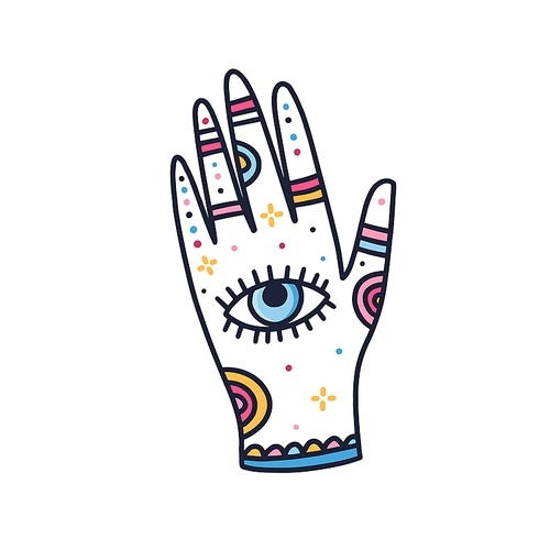 Female magician hand with all seeing eye and ornament isolated on white . Line art vector illustration with enchantress hand. Symbols of astrological prediction and fortune telling.