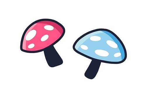 Pink and blue mushrooms isolated on white . Fantasy poisonous plants, outline fly agaric. Line art vector illustration with magical simple amanita.