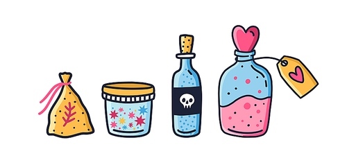 Set of colorful jars and bag with magic potion vector flat illustration in doodle style. Collection of magical composition for sorcery or witchcraft isolated on white. Glass bottles with elixir.