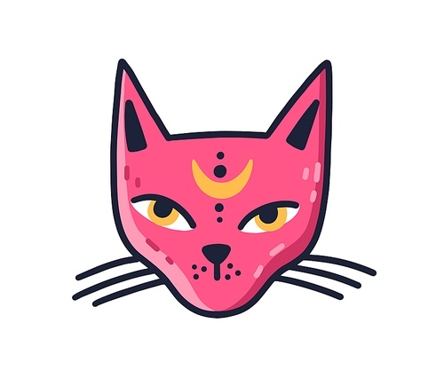 Doodle muzzle of magic pink cat with moon on forehead vector flat illustration. Avatar of mystic feline character with big yellow eyes isolated. Portrait of clairvoyant animal or enchanted pet.