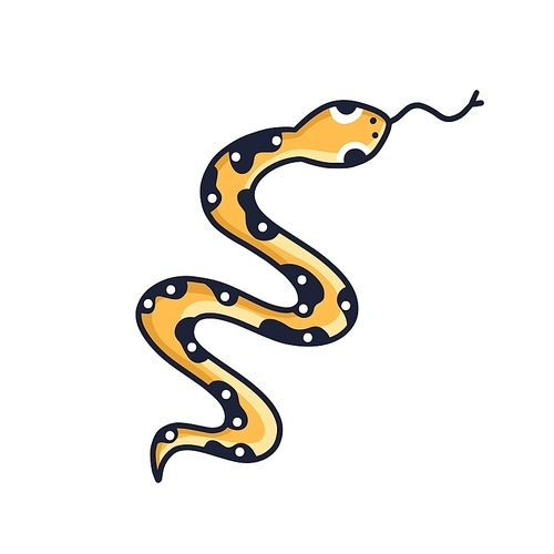 Line art vector contour illustration of yellow cute snake. Funny reptile in minimalistic simple style. Linear zigzag serpent cub isolated on white .
