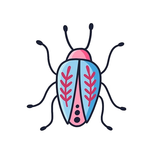 Simple line art vector illustration of ornamented beetle. Mysterious minimalistic bug decorated with herb leaves. Fantasy insect isolated on white .