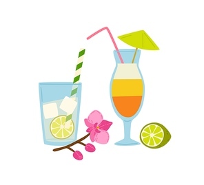Refreshing summer cocktails with straws vector flat illustration. Cold beverages in glass decorated by umbrella, flowers and lime isolated. Water with lemon, ice and tropical alcohol drink.
