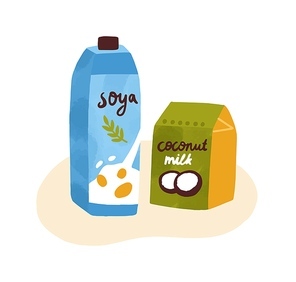Colorful composition of soymilk and coconut milk in tetrapaks. Organic dairy protein products for vegetarians isolated on white . Vector illustration in flat cartoon style.