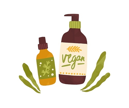 Vegan organic cosmetics in bottles isolated on white . Flat vector cartoon illustration of herbal face and body care products. Moisturizing cream, gel or natural soap in eco pack.