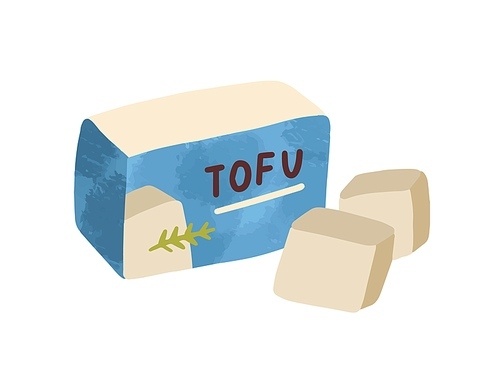 Composition of sliced tofu. Vegan organic soy cheese in package isolated on white . Flat vector cartoon illustration of dairy bean curd. Traditional asian meal for vegetarians.