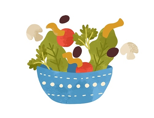 Salad bowl with vegetables and greens isolated on white . Flat vector cartoon illustration of fresh and healthy vegan lunch meal. Organic vegetarian nutrition.