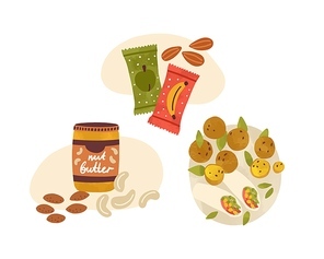 Flat vector cartoon illustration of vegetarian snacks and desserts. Vegan nutritious food composition isolated on white. Lunch with nuts, peanut butter, fruit energy bars and falafel wrap.
