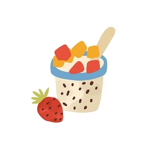 Flat vector simple cartoon illustration of yoghurt with succade and strawberry. Tasty dairy dessert composition with sliced fruits isolated on white. Berry ice cream with spoon in paper cup.