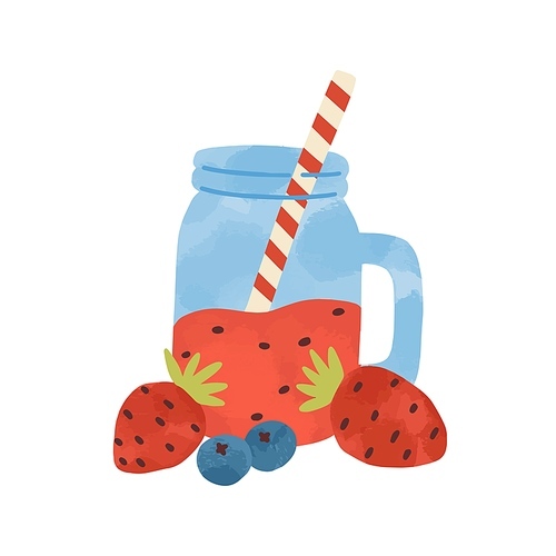 Flat vector simple cartoon illustration of healthy beverage with strawberry and blueberry. Tasty smoothie with berries isolated on white. Non alcoholic refreshing summer drink with straw in glass jar.
