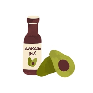Colorful composition with avocado oil bottle and sliced vegetable. Healthy organic food ingredient isolated on white . Vector illustration in flat cartoon style.