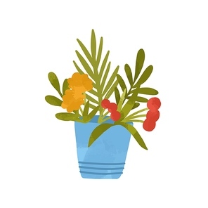 Flat vector simple cartoon textured illustration of summer bouquet in vase. Pot with blooming flowers, green plants isolated on white background. Tropical leaves in bucket.