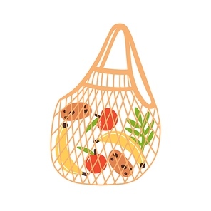 Trendy eco reusable shopping bag with fruits and vegetables. Zero waste string bag isolated on white background. Vector illustration in flat cartoon style.
