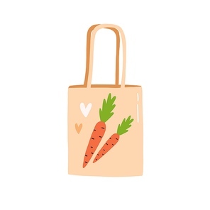 Trendy reusable eco bag. Plastic free sustainable shopper. Simple textile package for groceries isolated on white . Colorful vector illustration in flat cartoon style.
