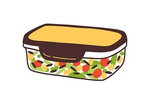 Packed hermetic eco friendly glass container. Reusable lunchbox with homemade food. Sustainable bento box with salad. Flat vector cartoon illustration isolated on white background.