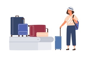 Female character waiting and pick her baggage from conveyor belt. Young woman tourist stand with suitcase and hold backpack. Flat vector cartoon illustration of arrival at airport isolated on white.
