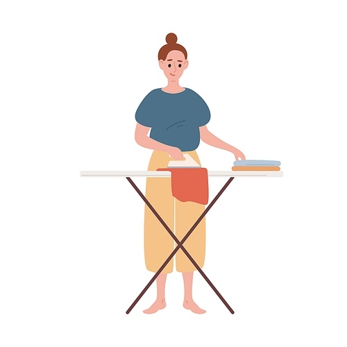 Happy modern housewife ironing clothes vector flat illustration. Smiling woman making routine housework use iron isolated on white. Female character during domestic activity with equipment.