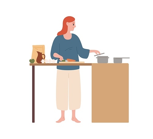 Happy modern housewife cooking food at kitchen vector flat illustration. Smiling woman preparing meal on stove isolated on white. Female cutting vegetables on wooden board at table.
