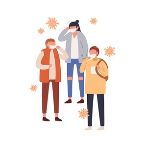 Group of people in protective masks vector flat illustration. Man and woman wearing protection from viral infection and air pollution isolated. Respiratory virus or environment pollutant emission.