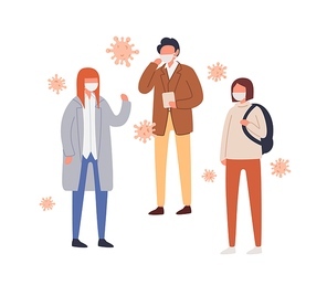 Set of people in protective mask vector flat illustration. Collection of male and female suffering from seasonal respiratory infection or environmental pollution surrounded by air bacterium isolated.