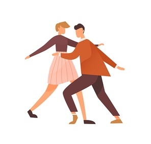 Faceless pair dancing lindy hop or boogie woogie. Cute man and woman enjoy party. Swing dancers couple of 1940s. Flat vector illustration isolated on white .